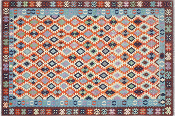 Flat Weave Kilim, Antique, Navaho, Vintage, Handmade, Geometric Kilim Beige Blue Hand-Woven Rectangle 100% Wool Area Rug 7 x 10